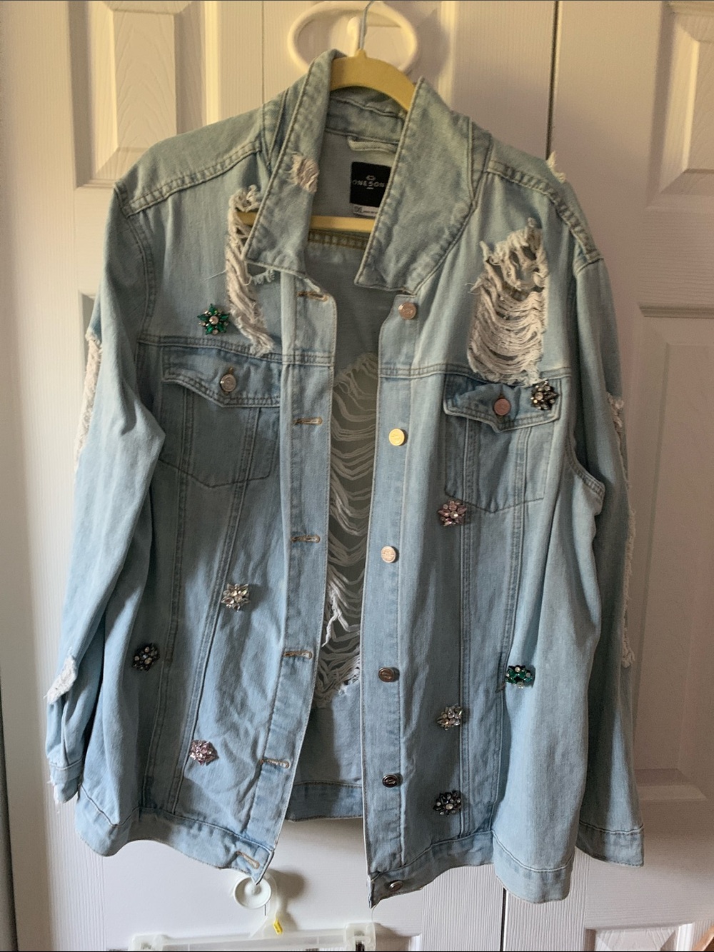Light Blue Distressed Denim Jacket with Embellishments